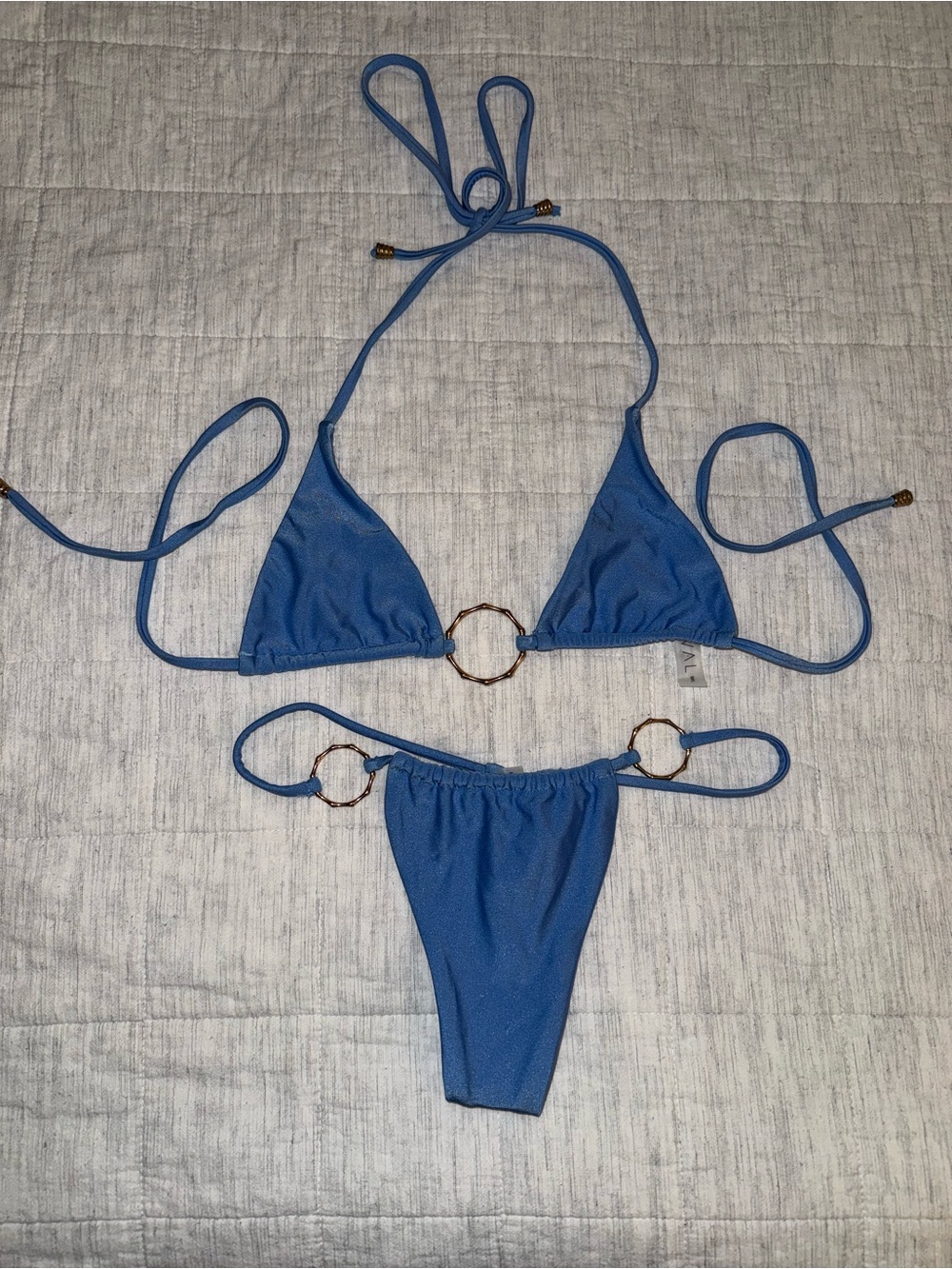 Aval TheBrand Swimwear Blue Ring-Detail Triangle Thong Bikini Set